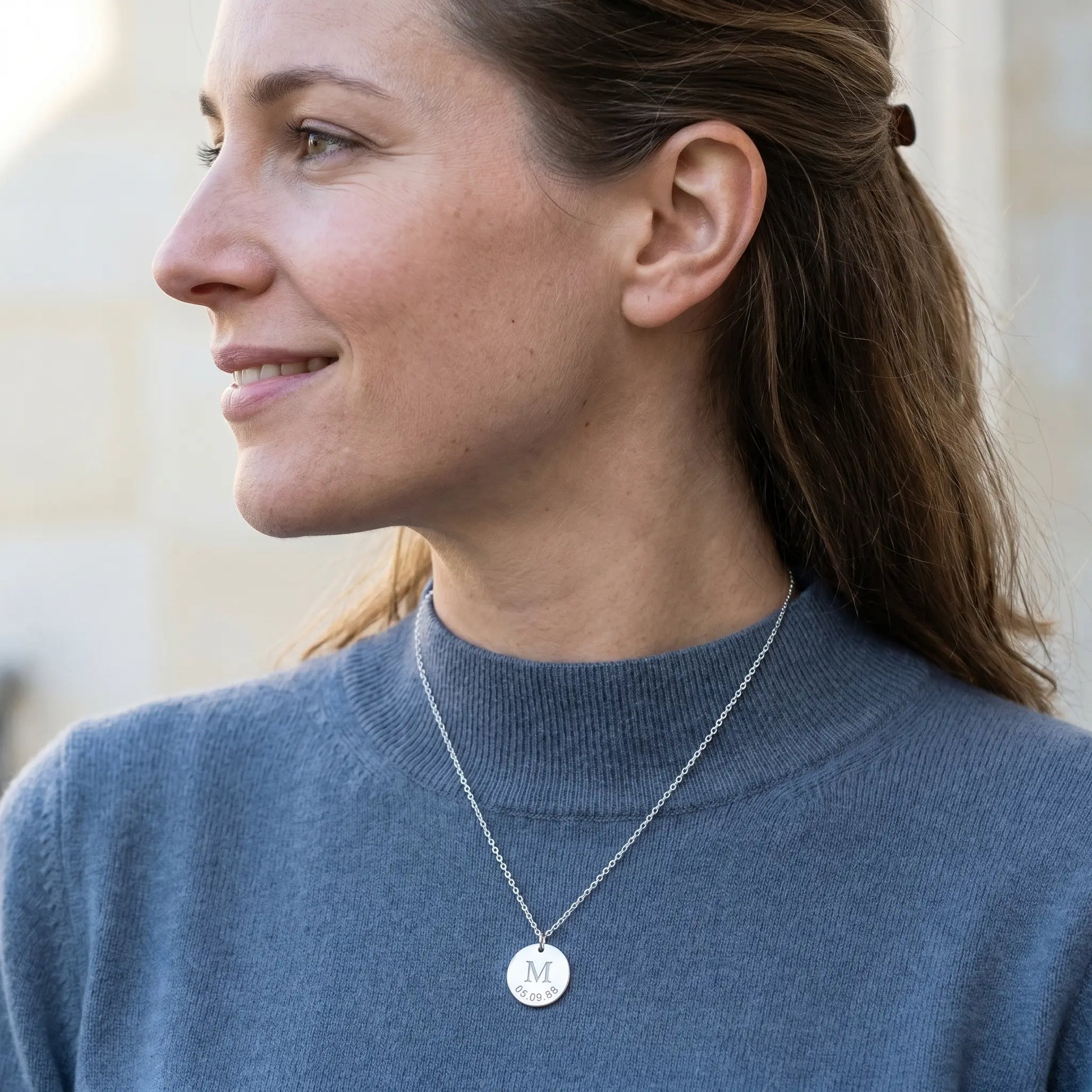Date Letter Charm Pendant Silver subtle smile profile French woman Paris hf_s7