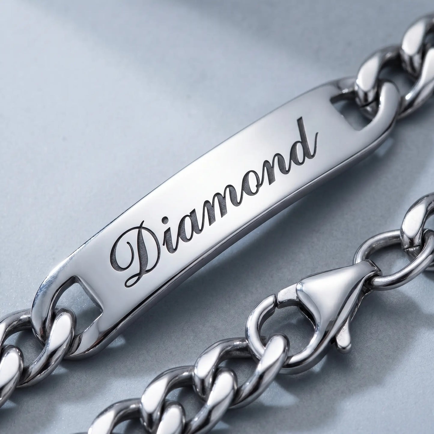 Cuban Bar Engraved Bracelet Silver macro Diamond engraving