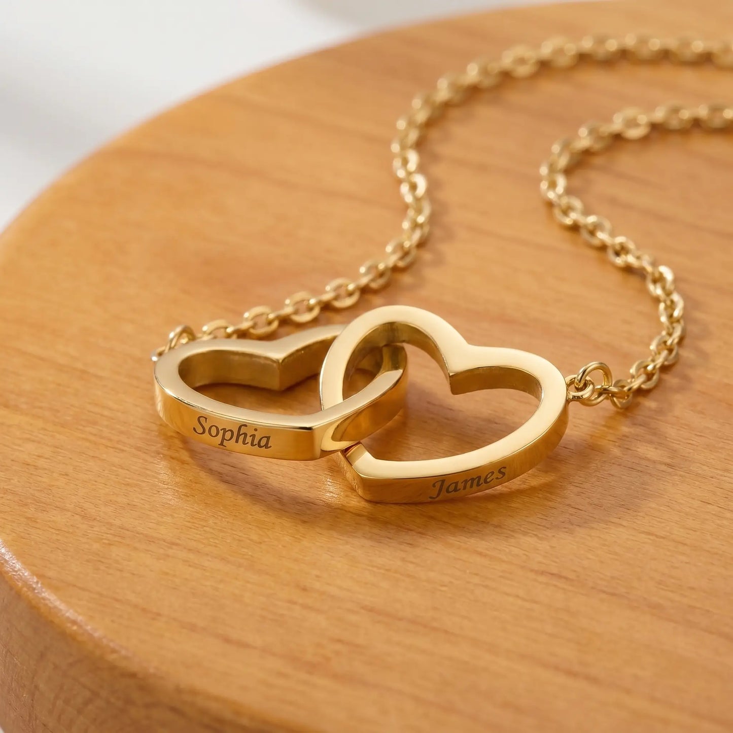 Engraved Double Heart Pendant 18K Gold macro detail by AUREATE - Sophia + James engraved both hearts