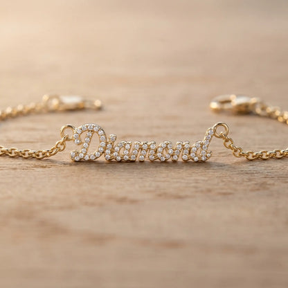 Crystal Name Wrist Chain in 18K Gold macro detail - extreme close-up of dainty pave crystals by AUREATE