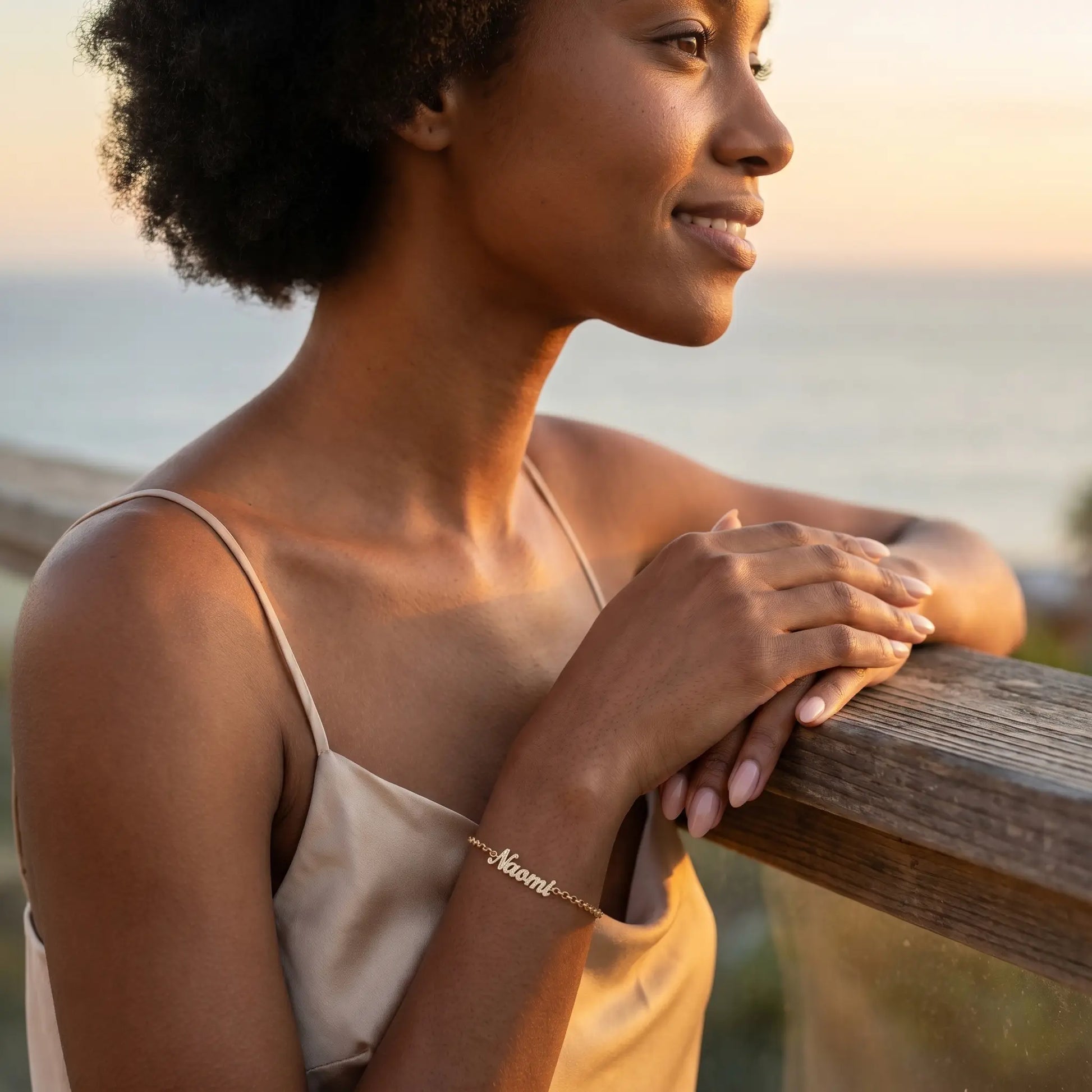 Crystal Name Wrist Chain in 18K Gold subtle smile profile - dainty crystal pave bracelet by AUREATE