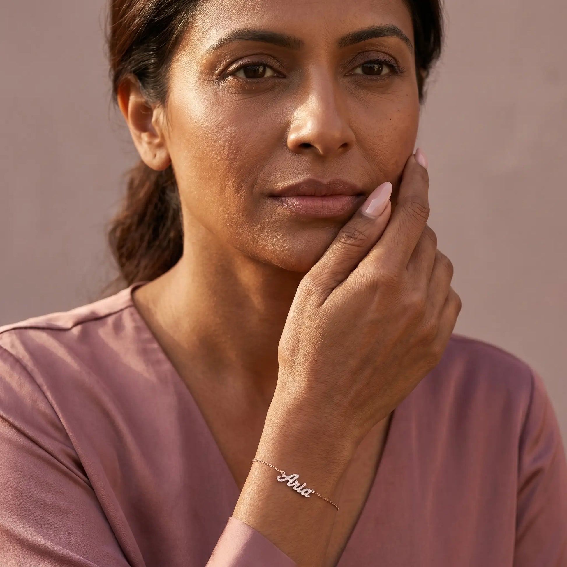 Crystal Name Wrist Chain in Rose Gold mature elegance hand-to-cheek - dainty crystal pave bracelet by AUREATE