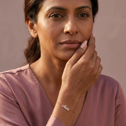 Crystal Name Wrist Chain in Rose Gold mature elegance hand-to-cheek - dainty crystal pave bracelet by AUREATE