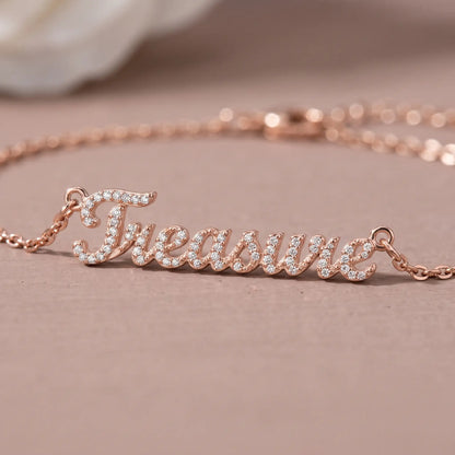 Crystal Name Wrist Chain in Rose Gold macro detail - extreme close-up of dainty pave crystals by AUREATE