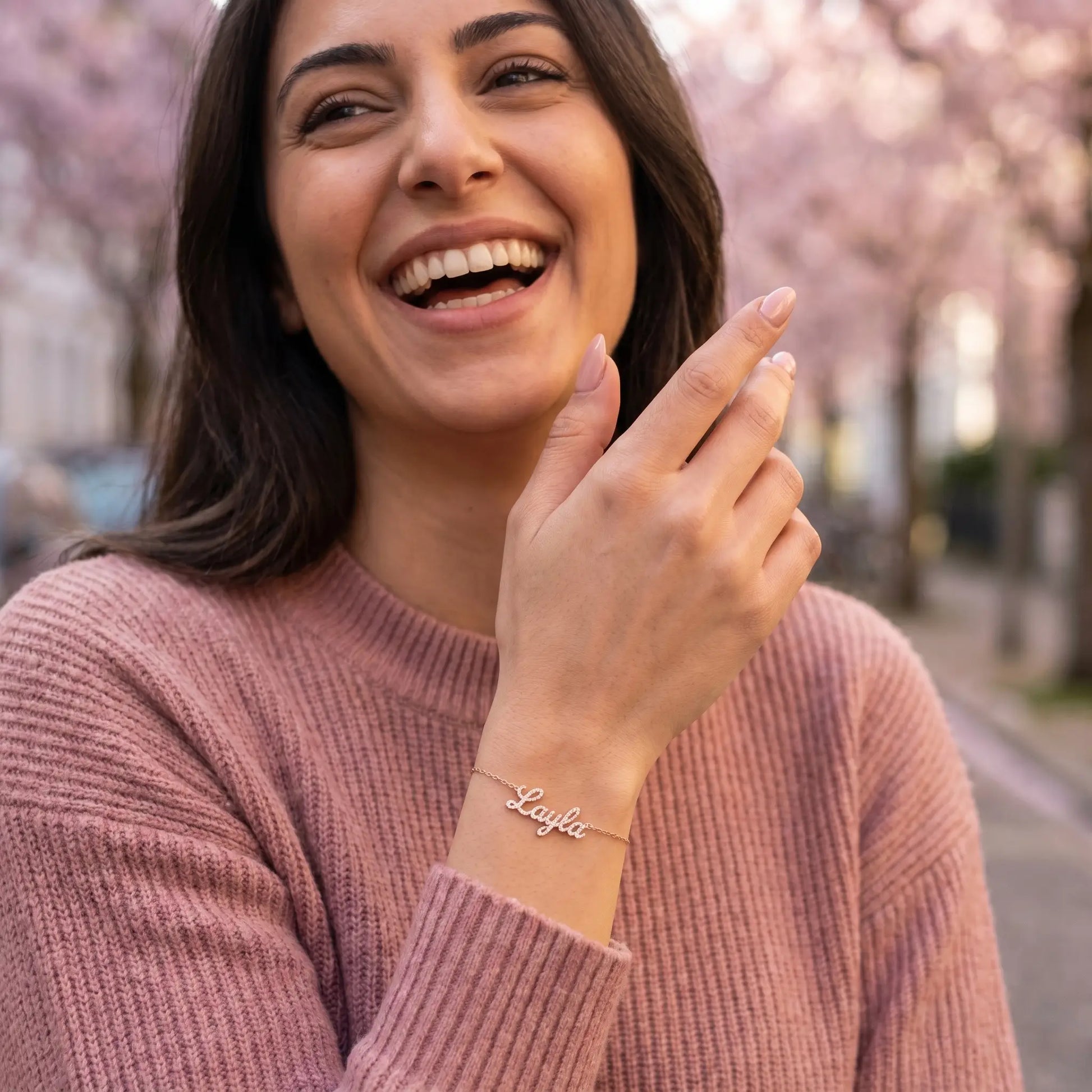 Crystal Name Wrist Chain in Rose Gold candid joy moment - dainty personalised gift bracelet by AUREATE