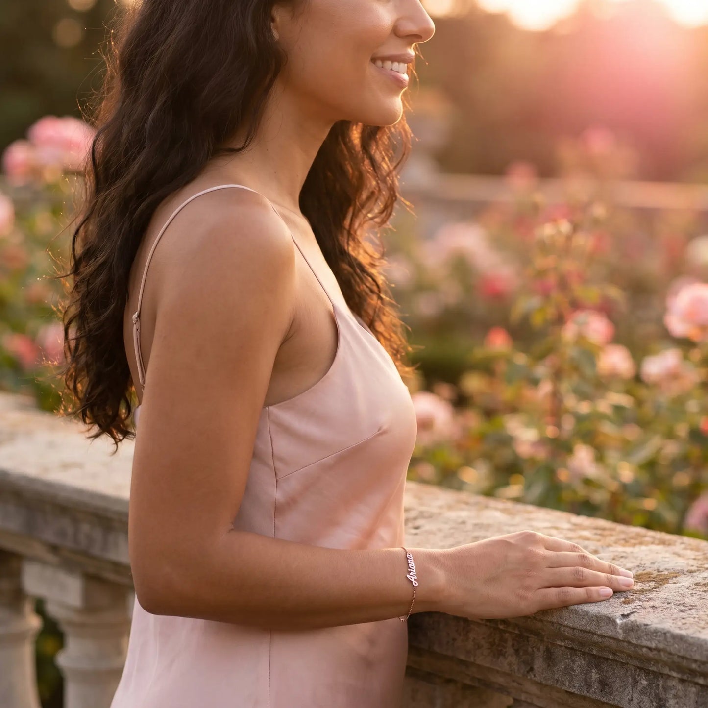 Crystal Name Wrist Chain in Rose Gold subtle smile profile - dainty crystal pave bracelet by AUREATE