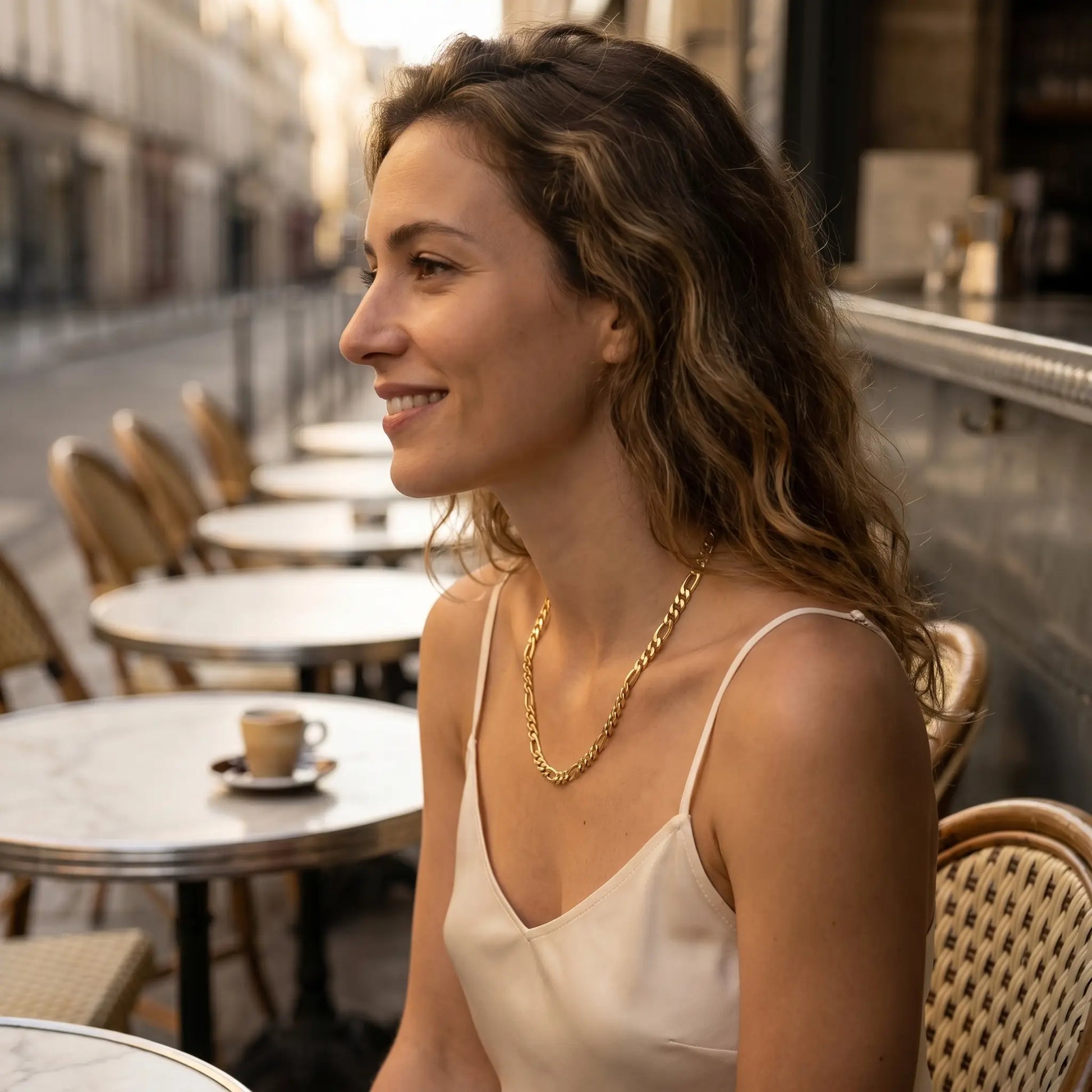 3mm Figaro Link Necklace 18K Gold subtle smile Paris cafe profile solo no companion women only