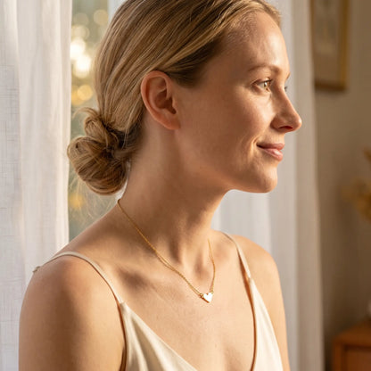 Timeless Heart Pendant Chain by AUREATE in 18K gold profile subtle smile California morning