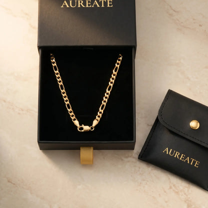 AUREATE 3mm Figaro Link Necklace Gold gift box — chain-only with leather pouch