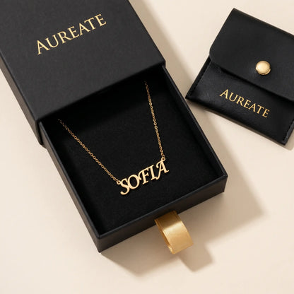 Personalized Script Name Chain 18K gold AUREATE gift box presentation