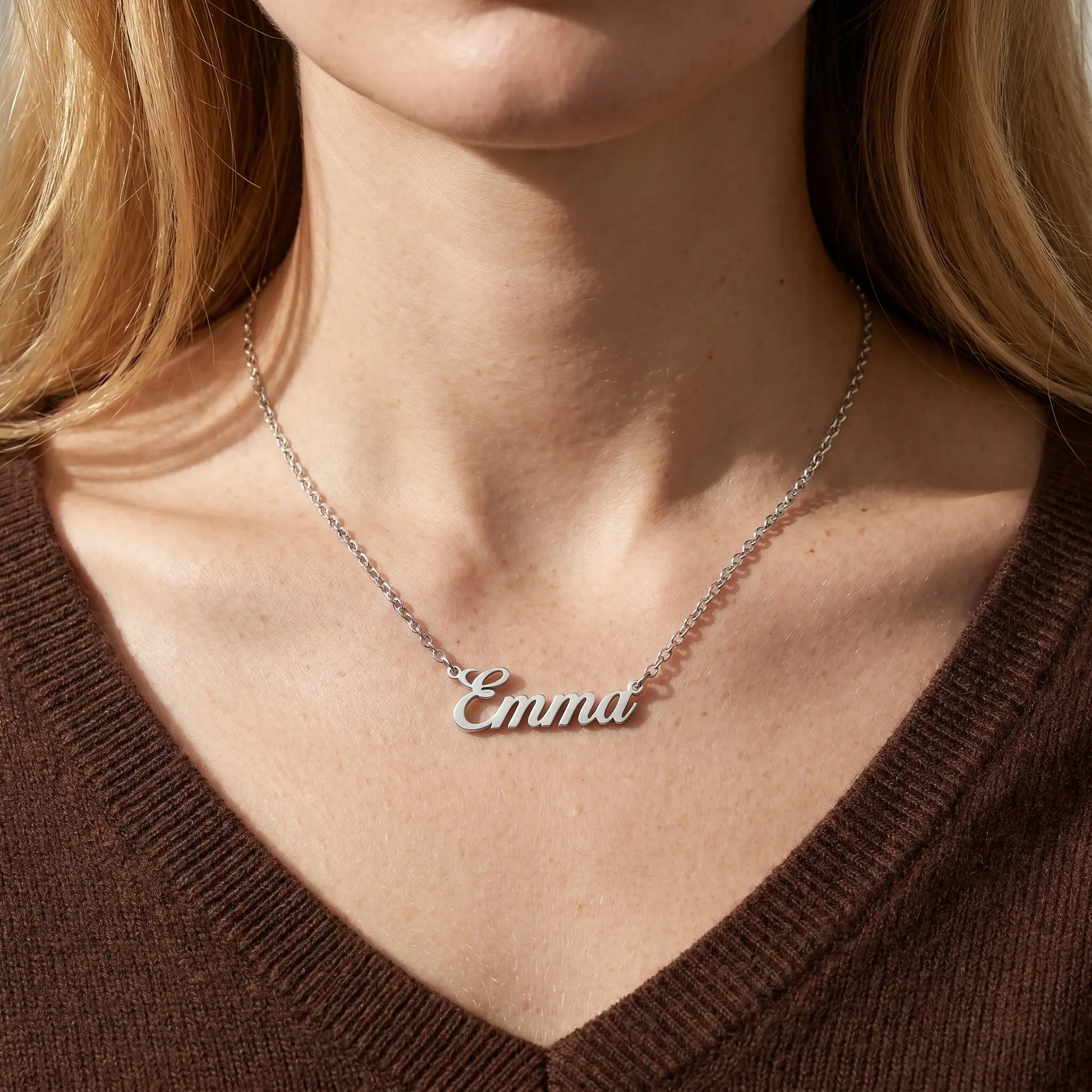 Personalized Script Name Chain silver tone worn at collarbone close-up by AUREATE