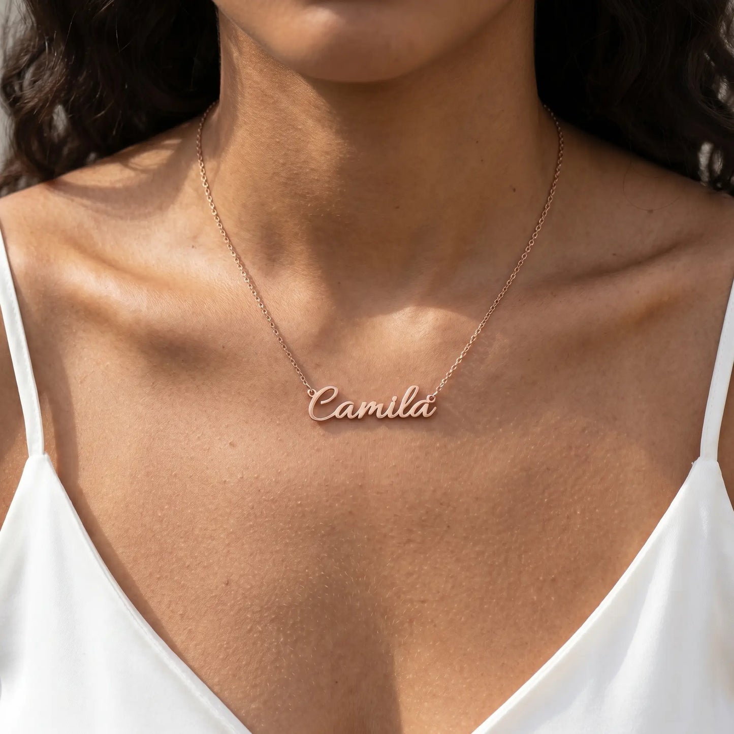 Personalized Script Name Chain rose gold worn at collarbone close-up by AUREATE