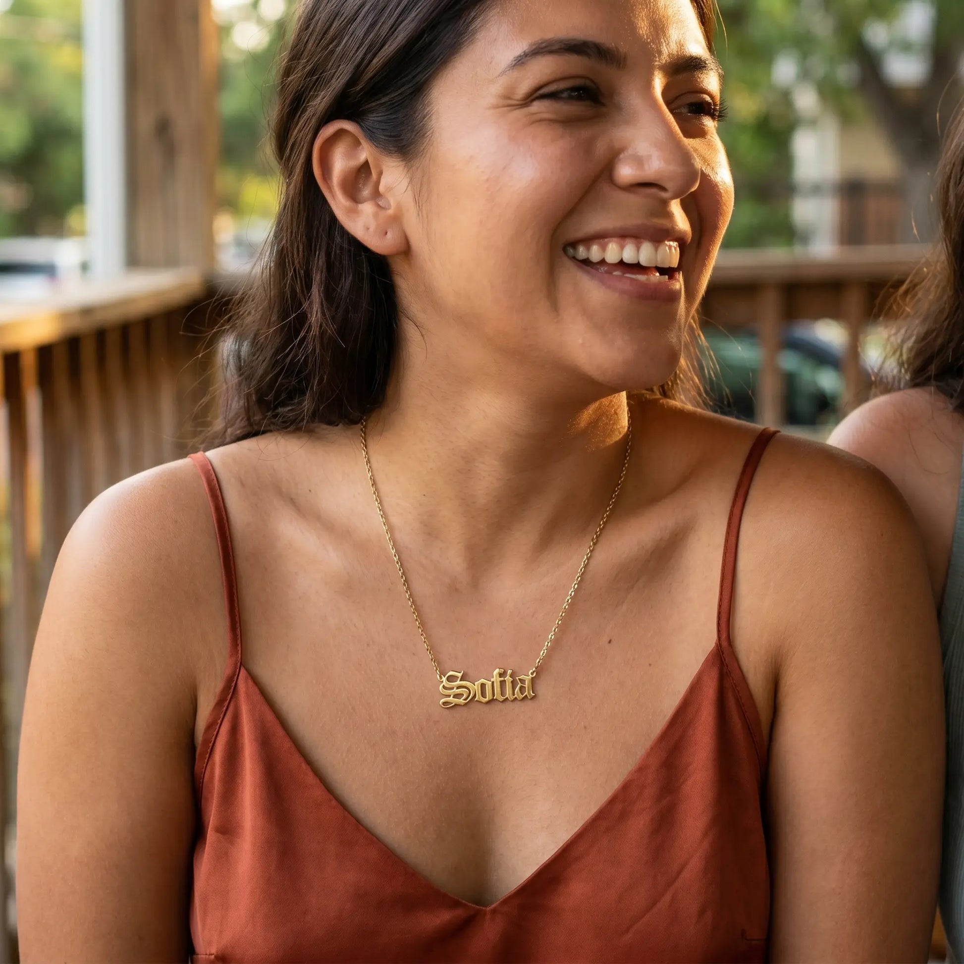 Personalized Script Name Chain 18K gold candid joy laughter lifestyle by AUREATE