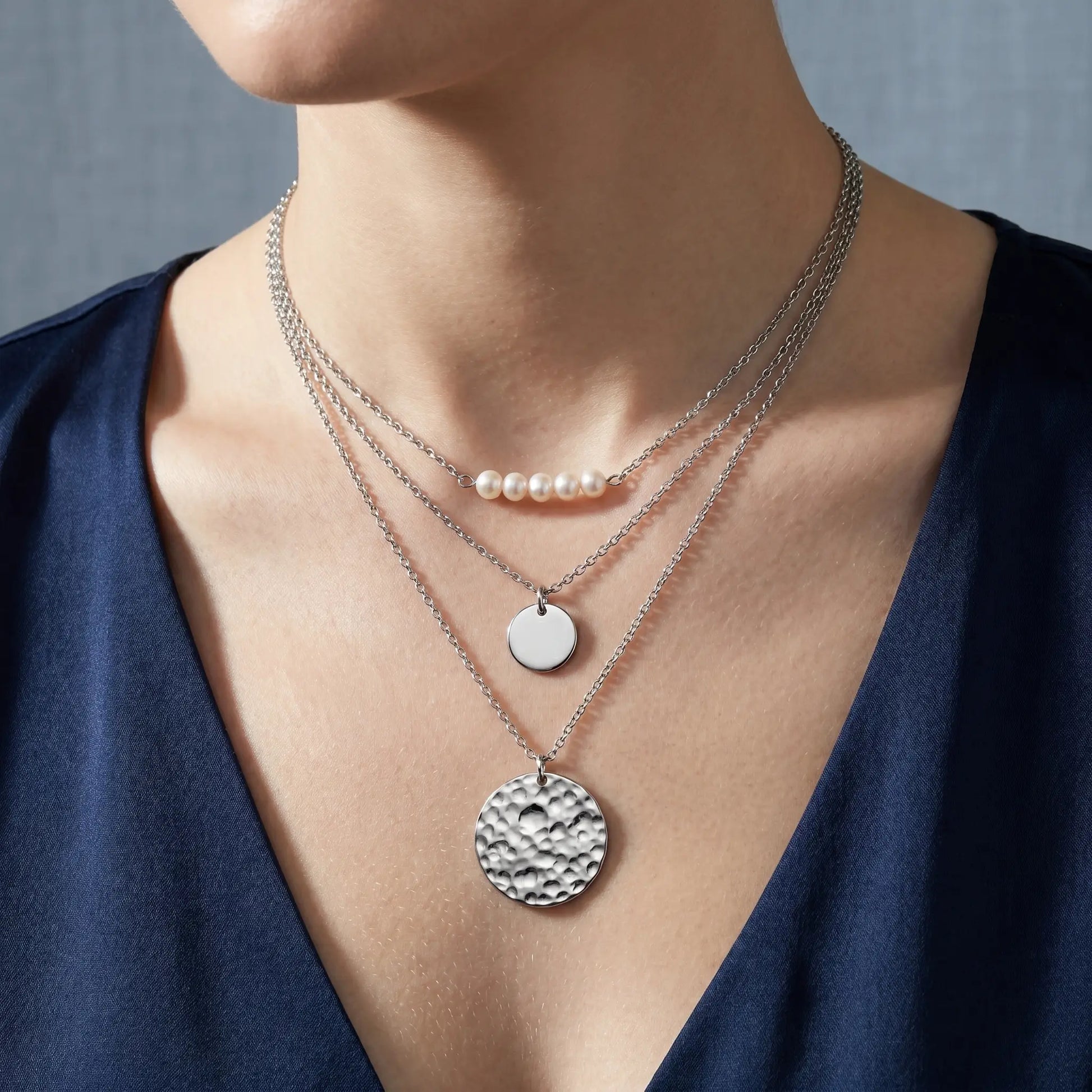 Pearl Coin Layered Necklace Set Silver worn close-up