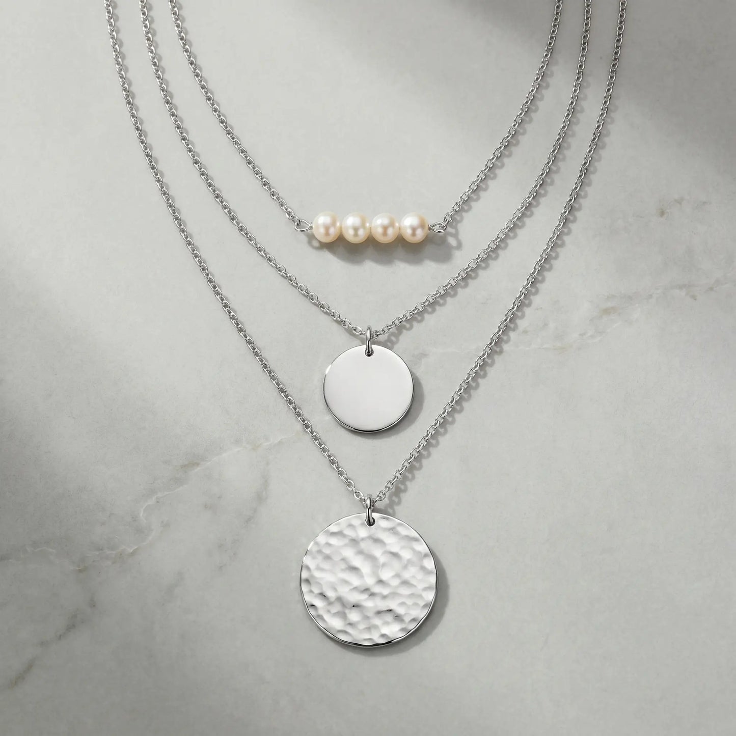 Pearl Coin Layered Necklace Set Silver packshot freshwater pearl bar hammered coin disc
