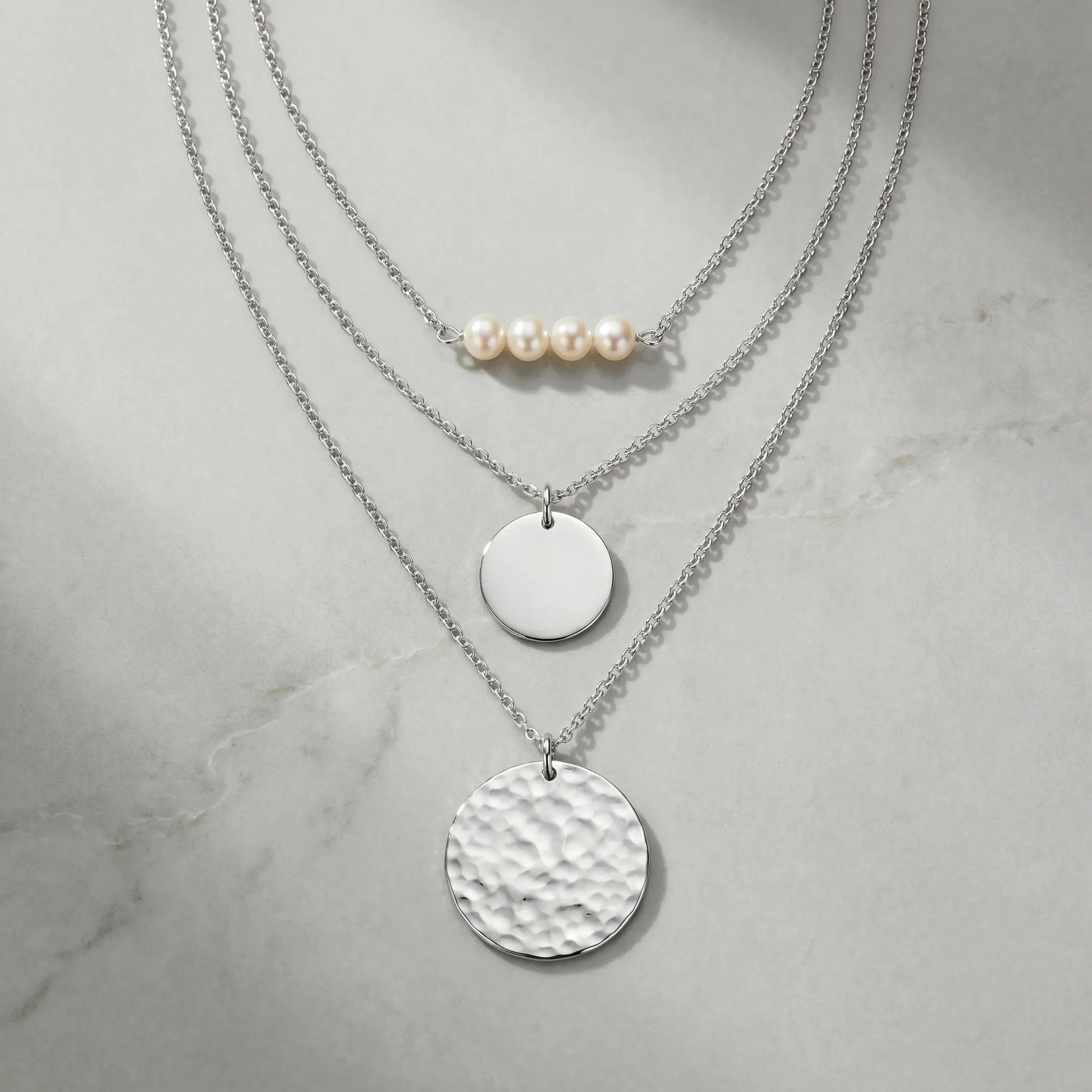 Pearl Coin Layered Necklace Set Silver packshot freshwater pearl bar hammered coin disc