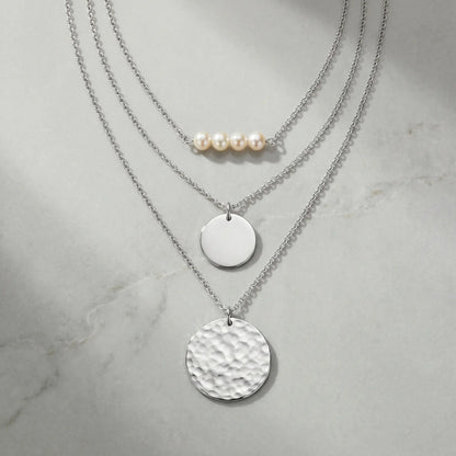Pearl Coin Layered Necklace Set Silver packshot freshwater pearl bar hammered coin disc