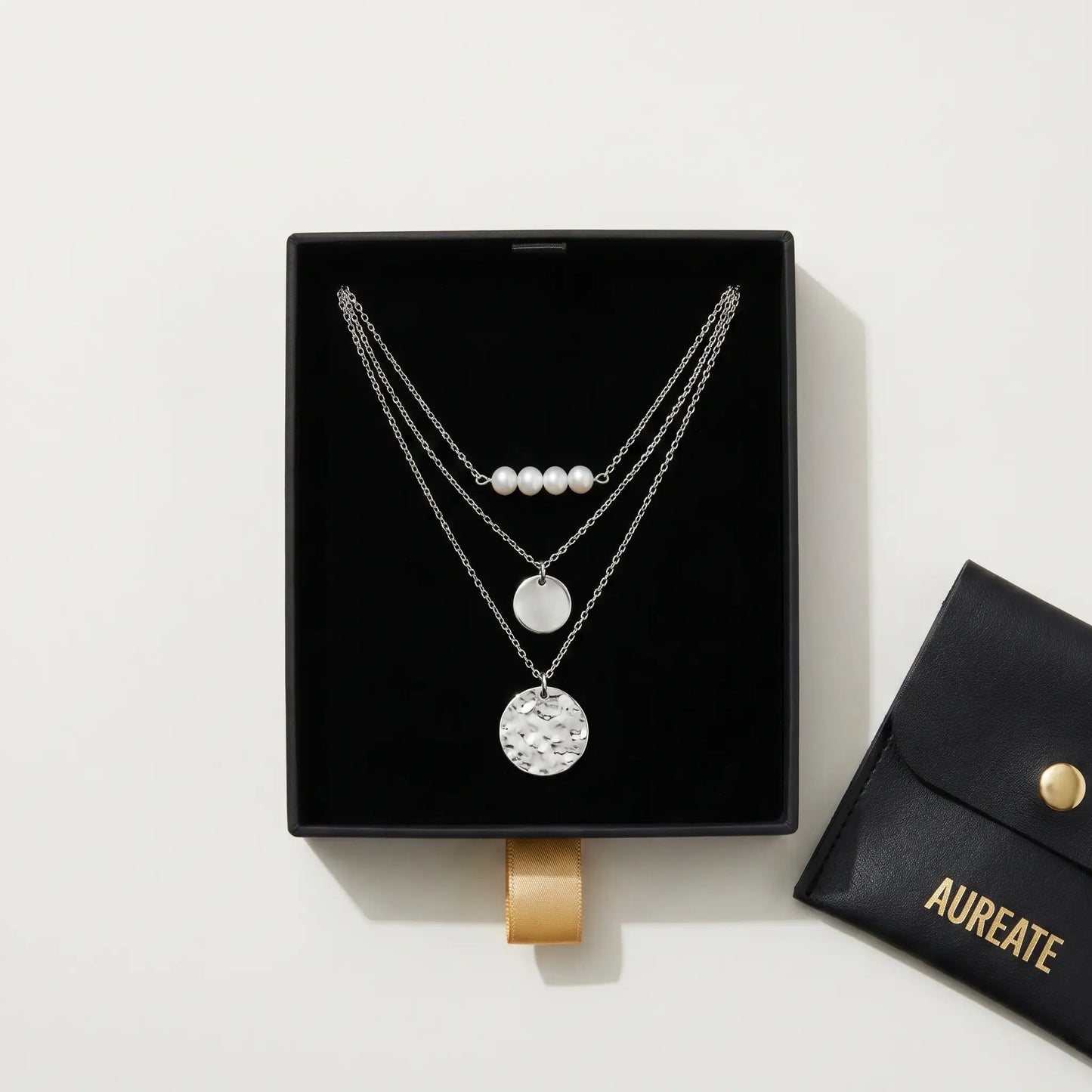 AUREATE gift box with silver pearl coin layered necklace set leather pouch gold logo