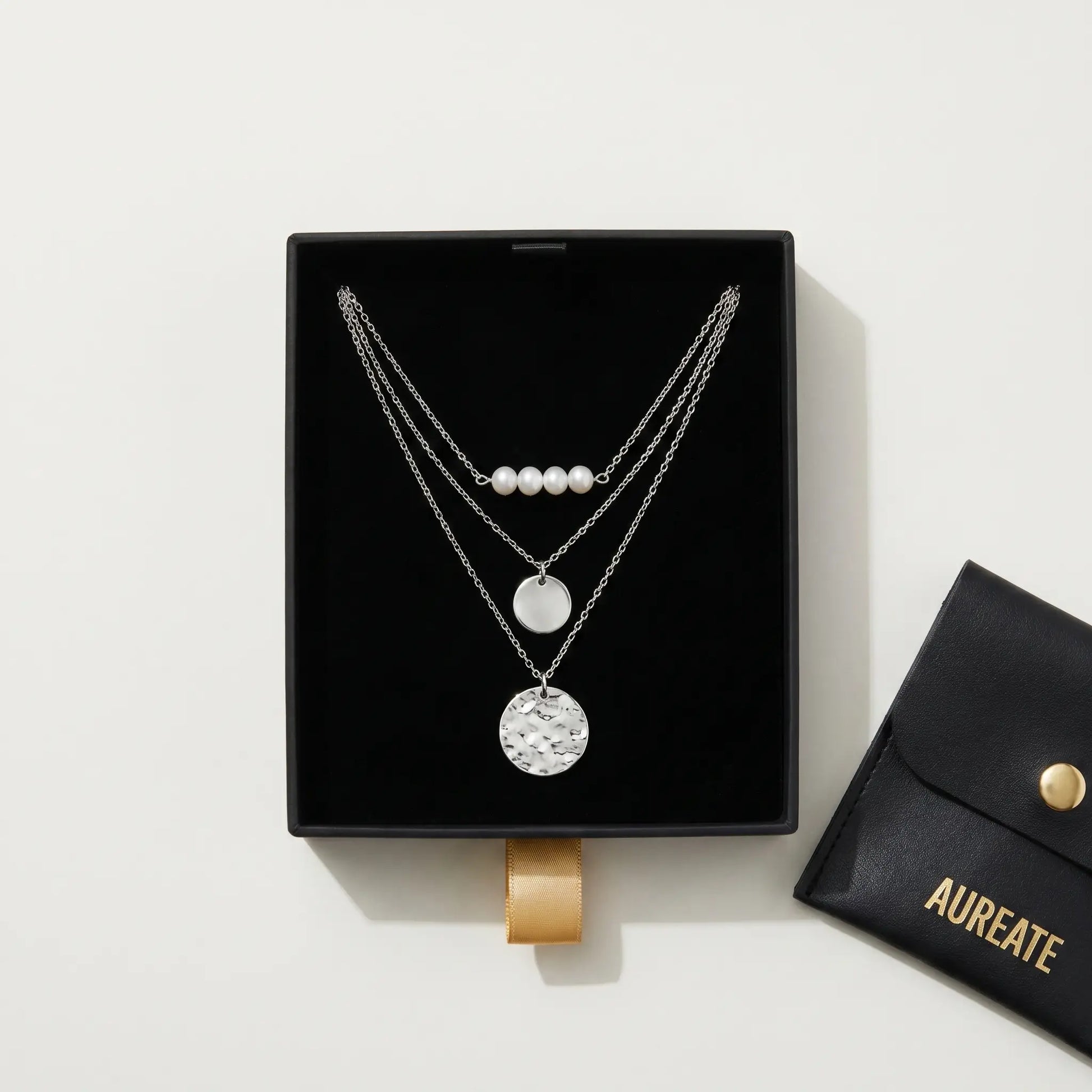 AUREATE gift box with silver pearl coin layered necklace set leather pouch gold logo