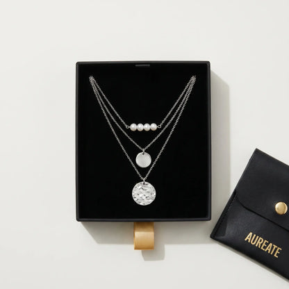 AUREATE gift box with silver pearl coin layered necklace set leather pouch gold logo