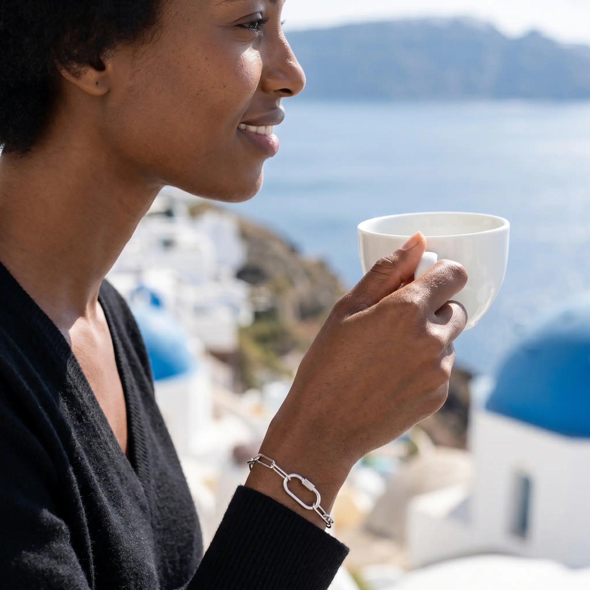 Silver paperclip bracelet Santorini profile aspirational lifestyle