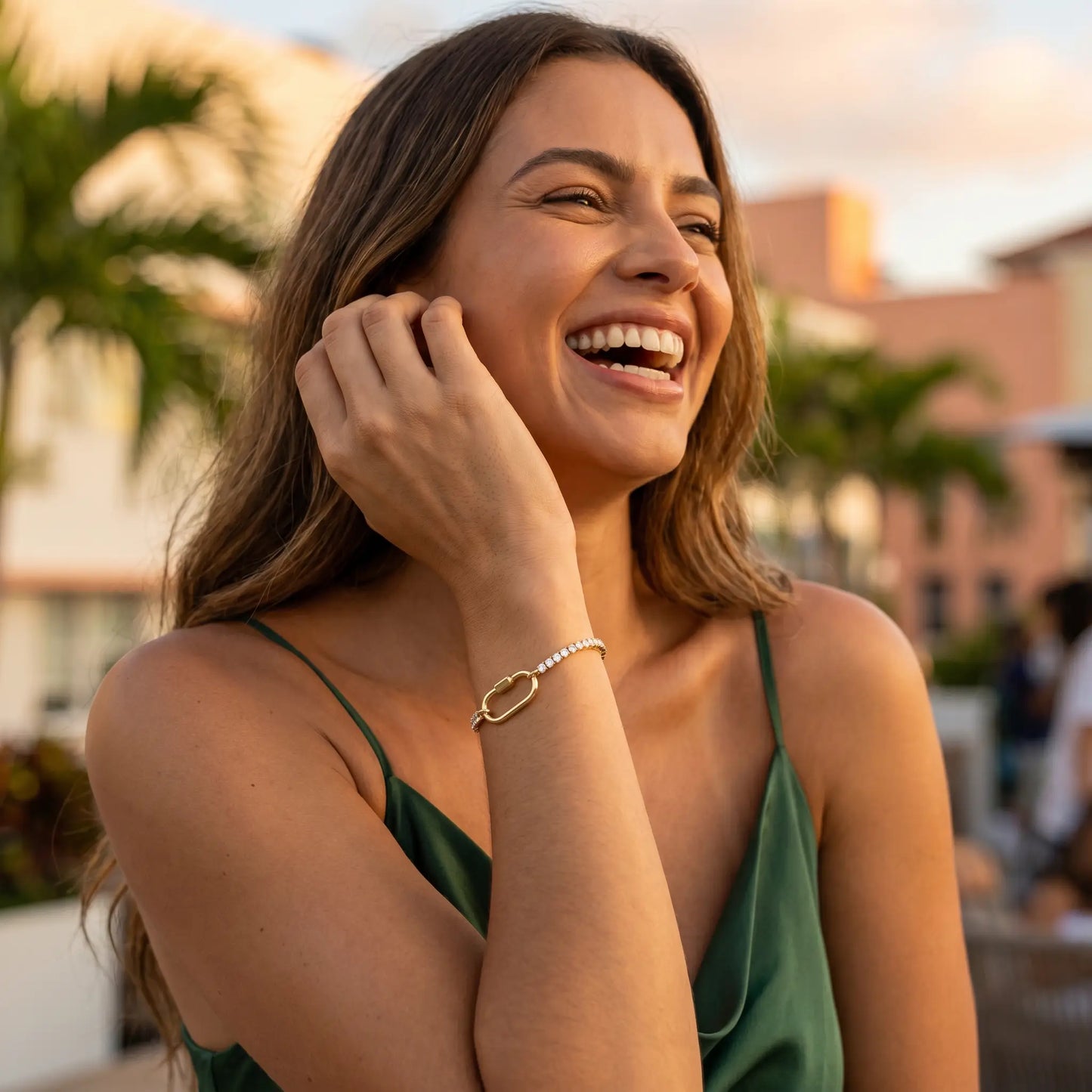 Oval Lock Tennis Bracelet gold candid joy Miami rooftop