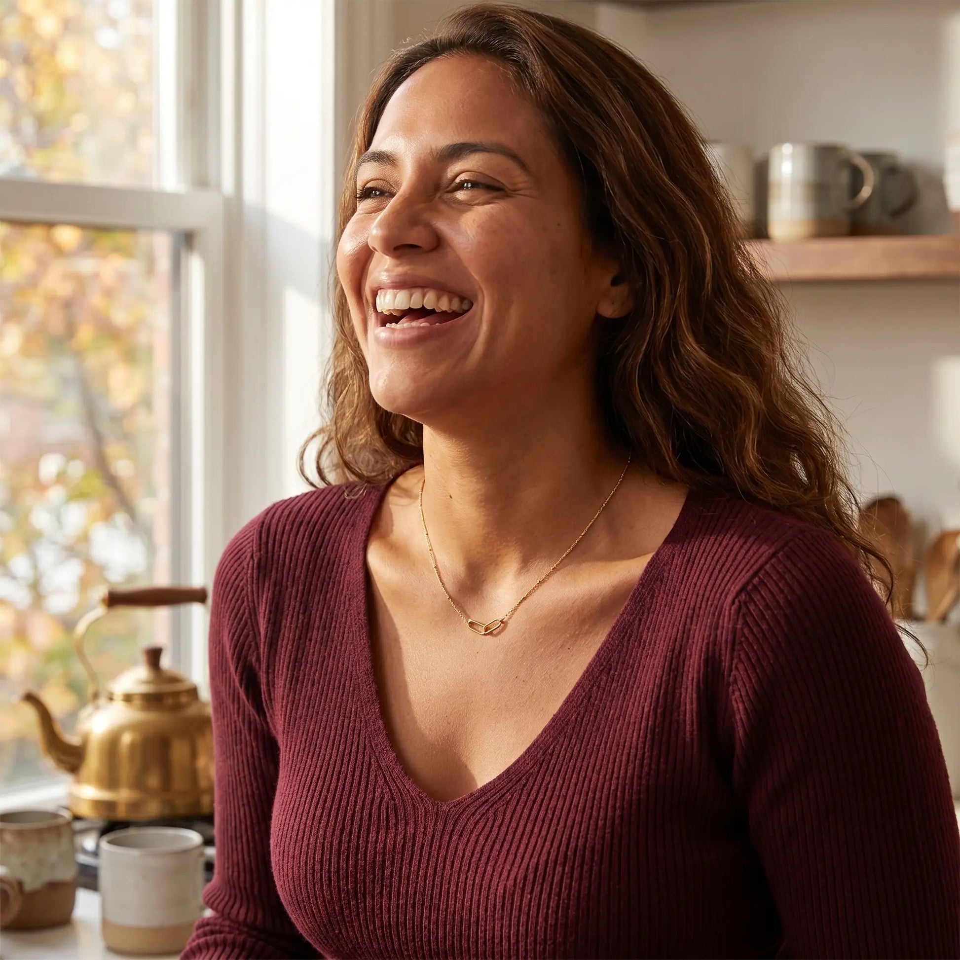 Linked Loop Necklace 18K gold lifestyle joy Latina morning kitchen burgundy