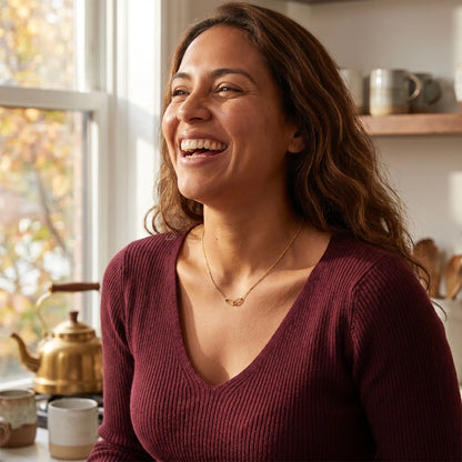 Linked Loop Necklace 18K gold lifestyle joy Latina morning kitchen burgundy
