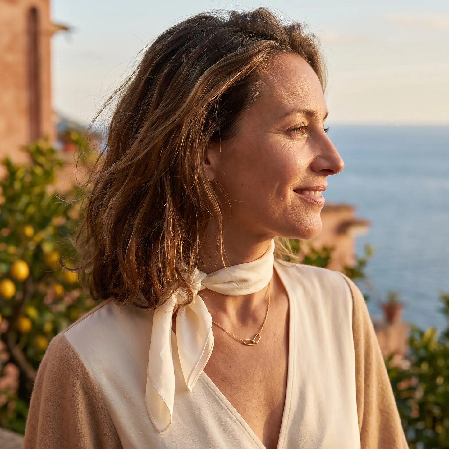 Linked Loop Necklace 18K gold profile smile Amalfi Coast golden hour