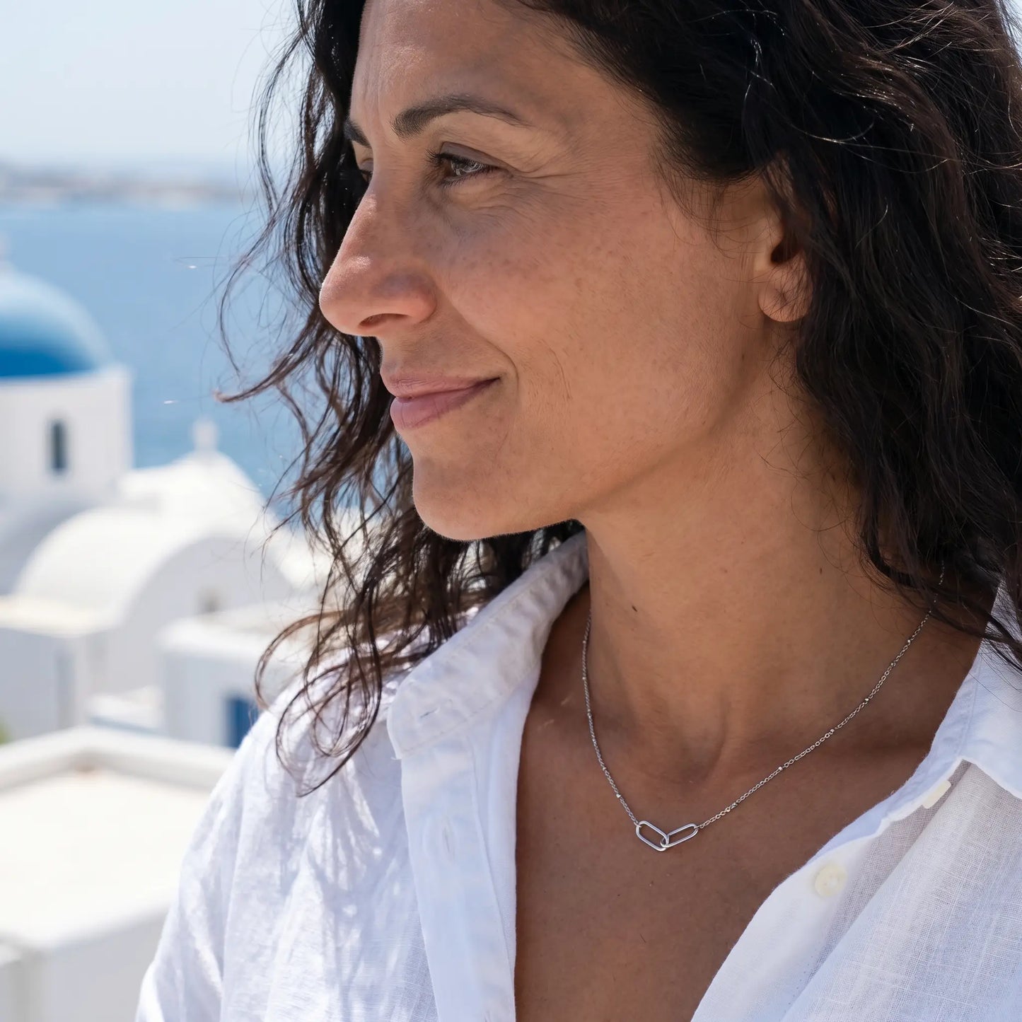 Linked Loop Necklace silver tone profile smile Mykonos blue dome