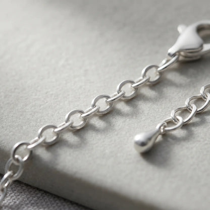 Silver fine cable chain macro detail clasp extender teardrop