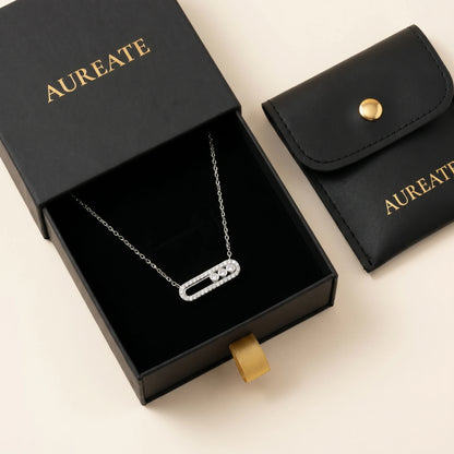 AUREATE silver paperclip pavé necklace in matte black slide-drawer gift box with leather pouch, gold AUREATE serif logo