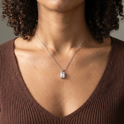 Baguette pendant necklace silver worn close-up
