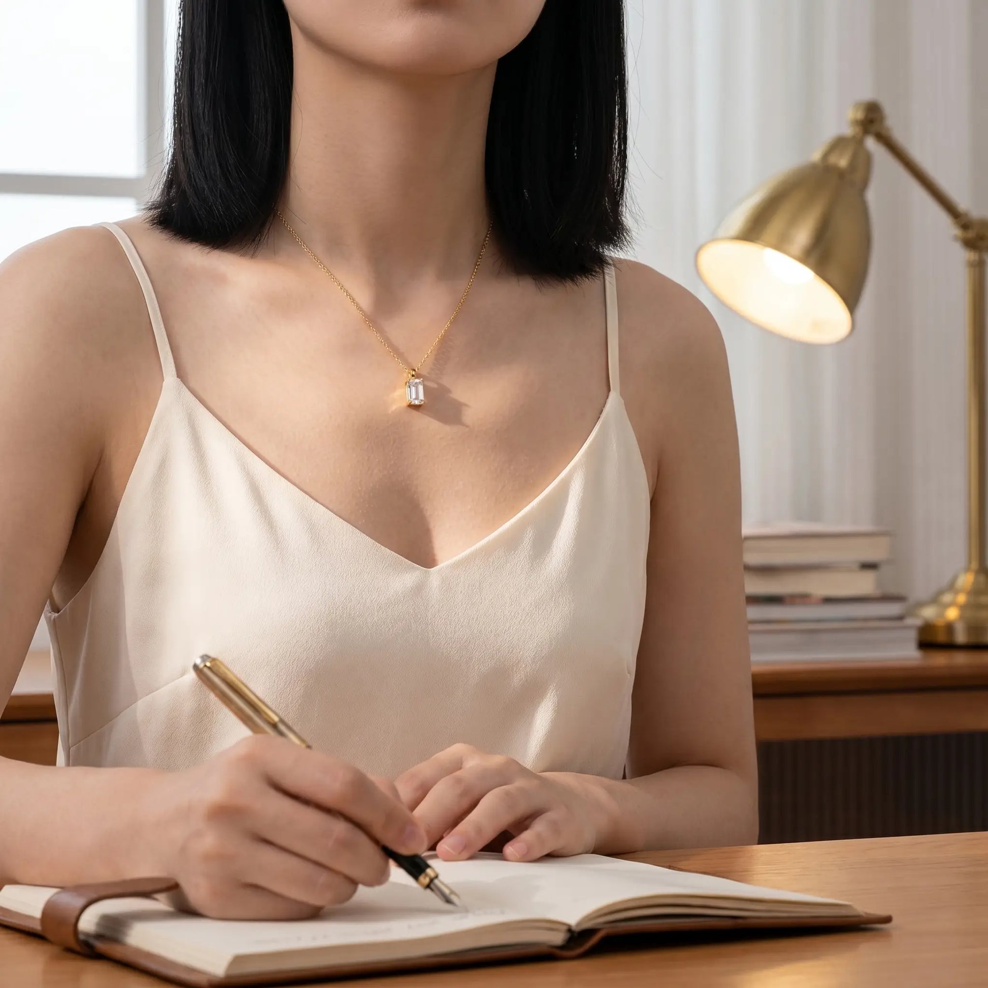 Baguette pendant necklace gold lifestyle writing