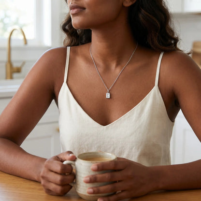 Baguette pendant necklace silver lifestyle kitchen
