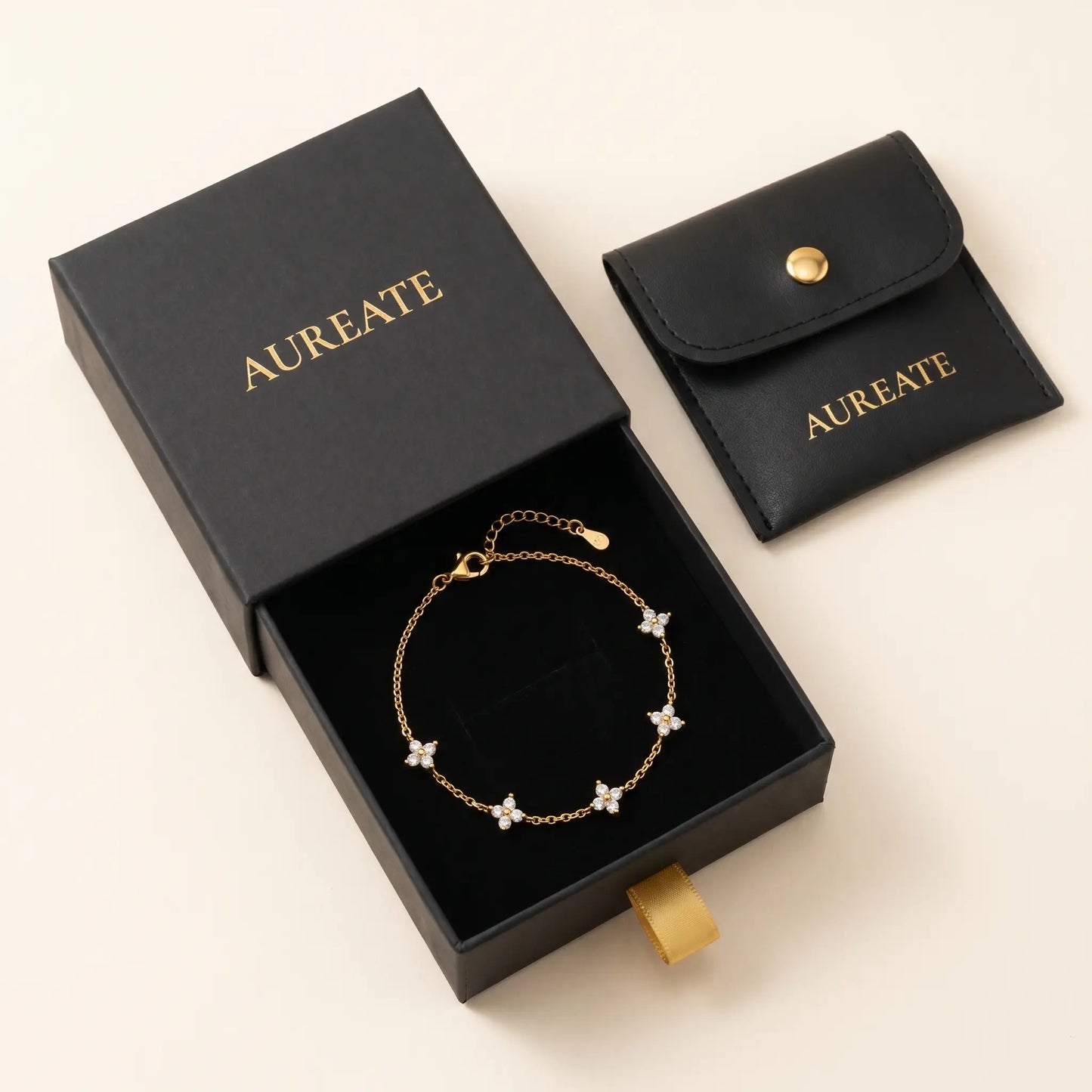 FIX-5charms Gold clover bracelet AUREATE gift box 5 quatrefoil charms