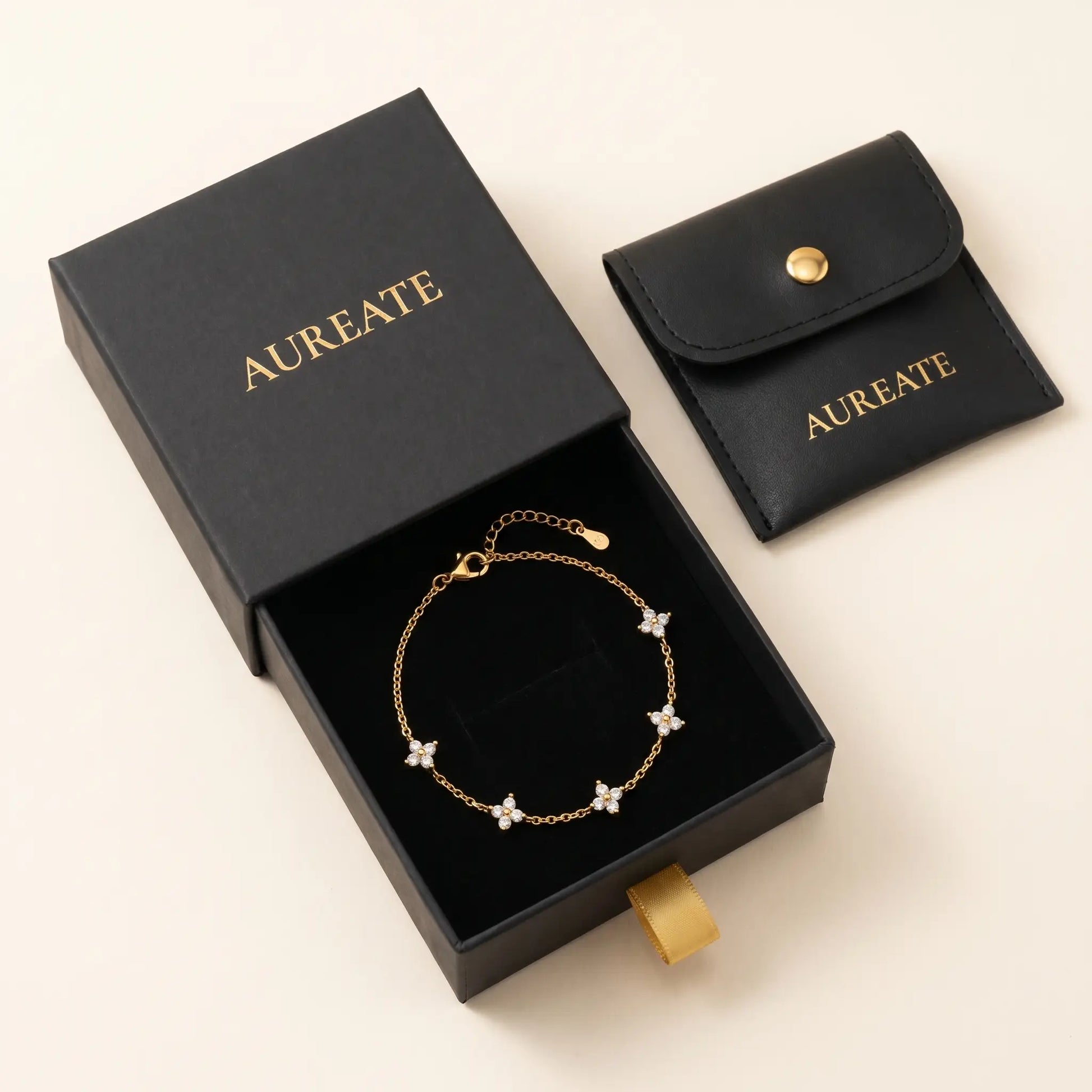FIX-5charms Gold clover bracelet AUREATE gift box 5 quatrefoil charms