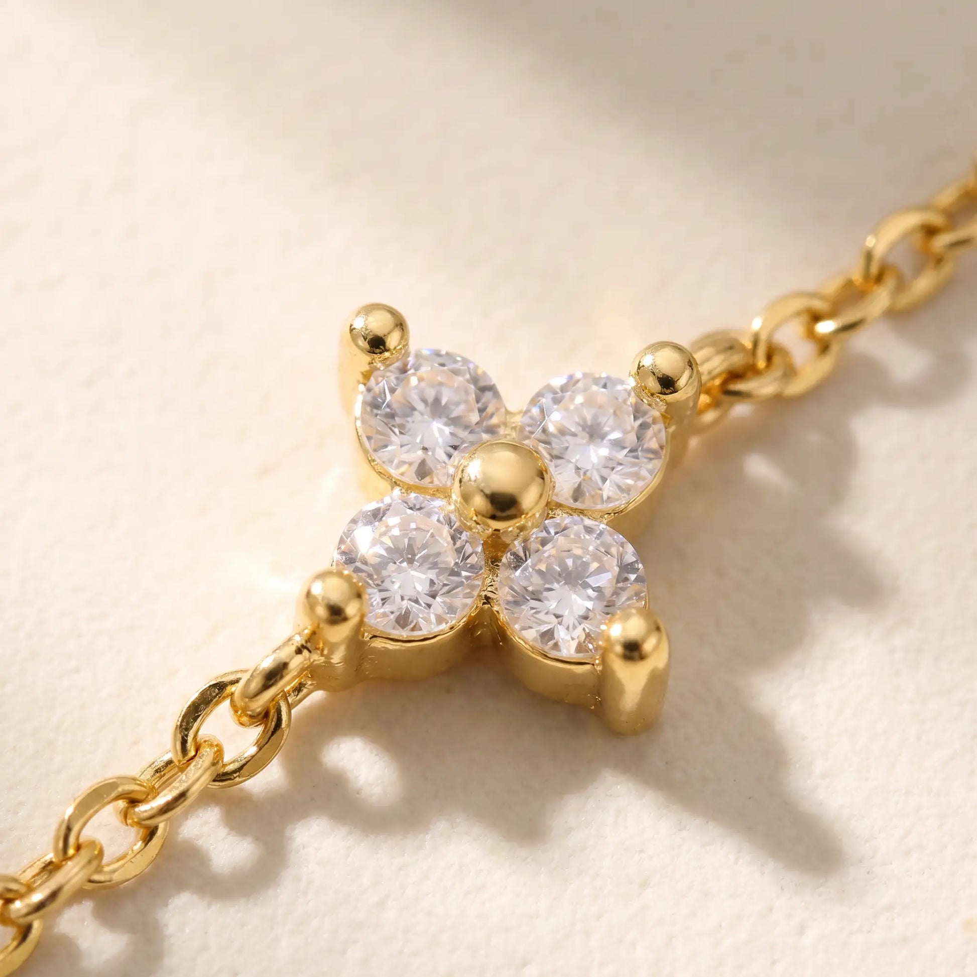 FIX-quatrefoil Gold clover charm macro detail 4 round CZ stones tight cross