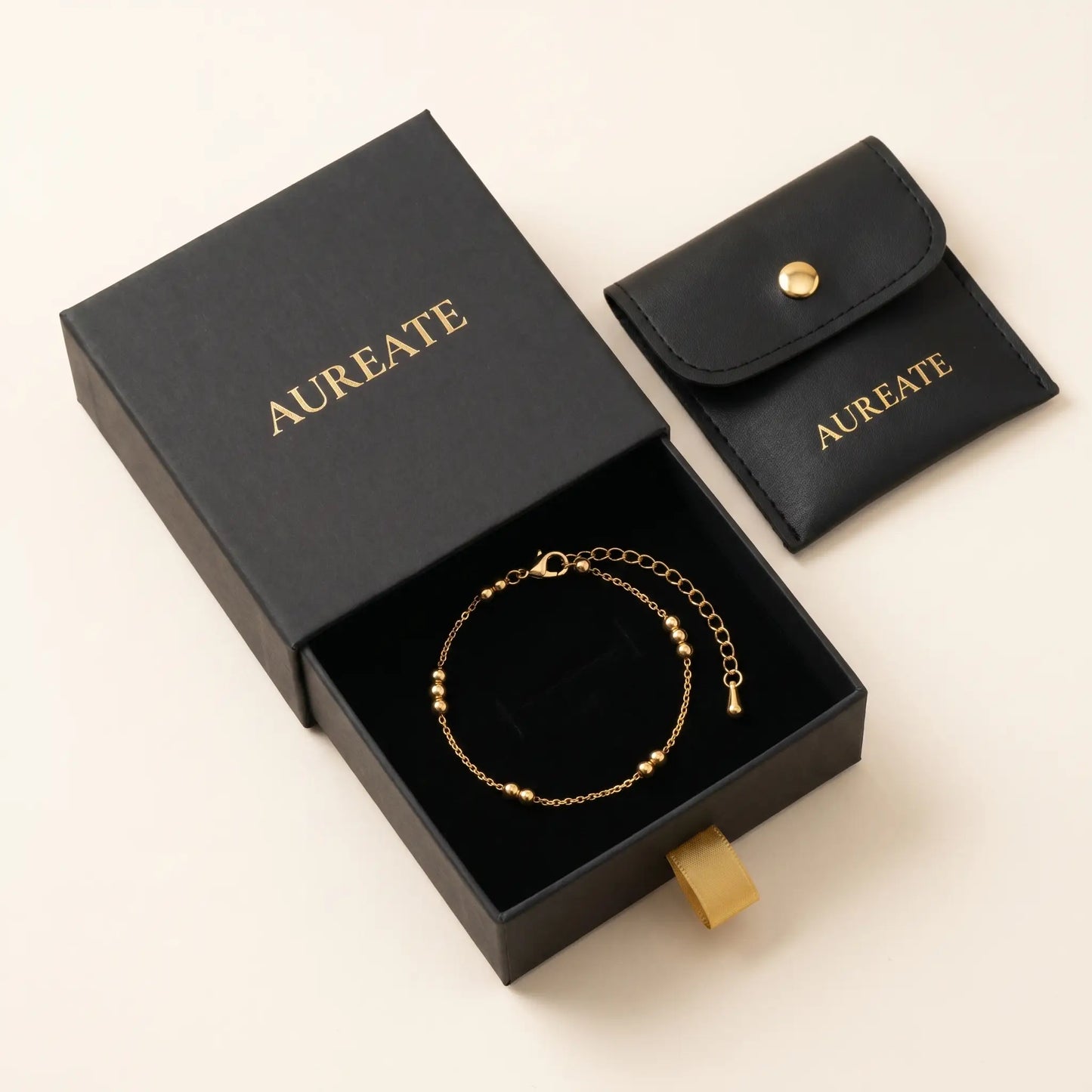 Beaded Station Anklet AUREATE gift box slide drawer gold foil