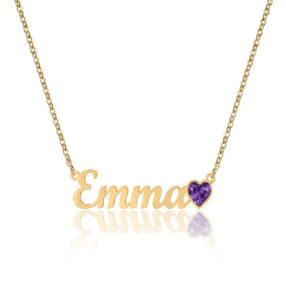 Birth Stone Letter Drop Strand 18K Gold packshot with Emma cursive name and February Amethyst heart birthstone