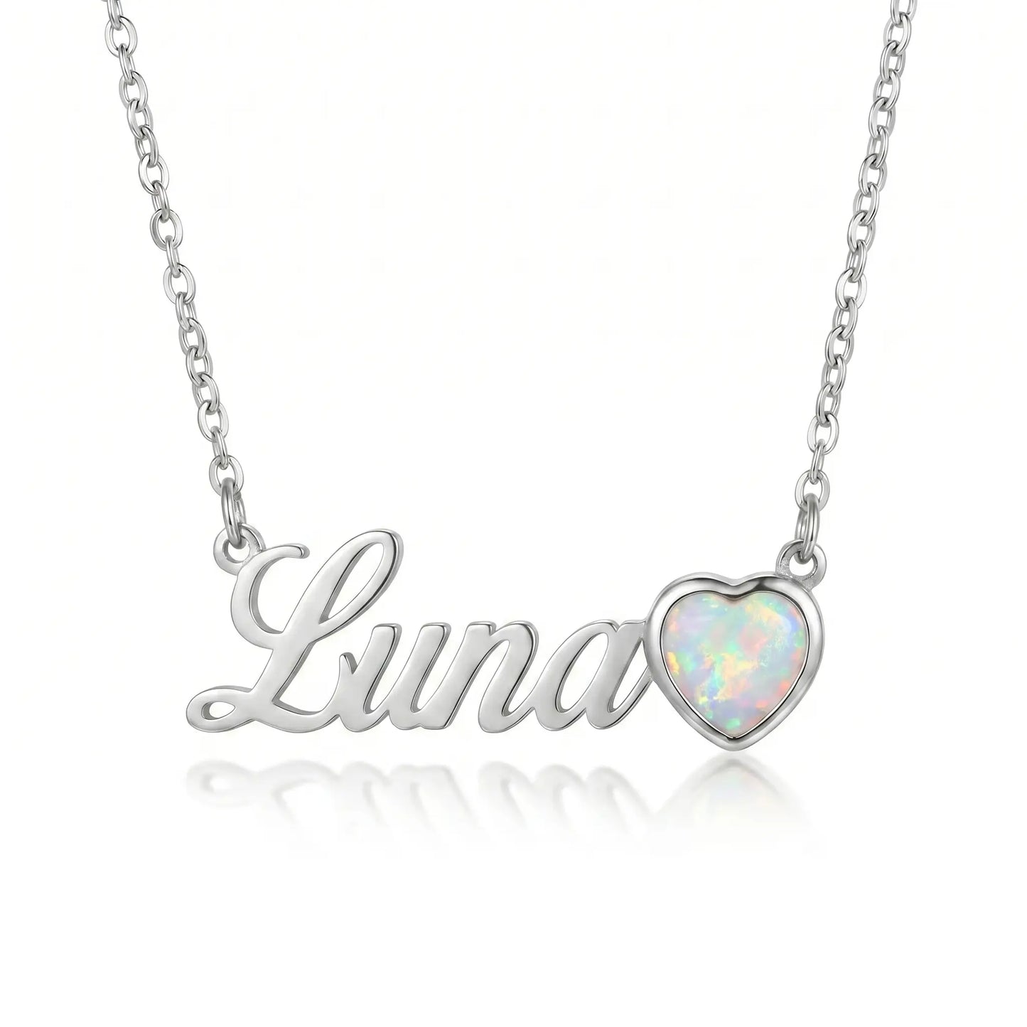 Birth Stone Letter Drop Strand Silver packshot with Luna and October Opal heart birthstone