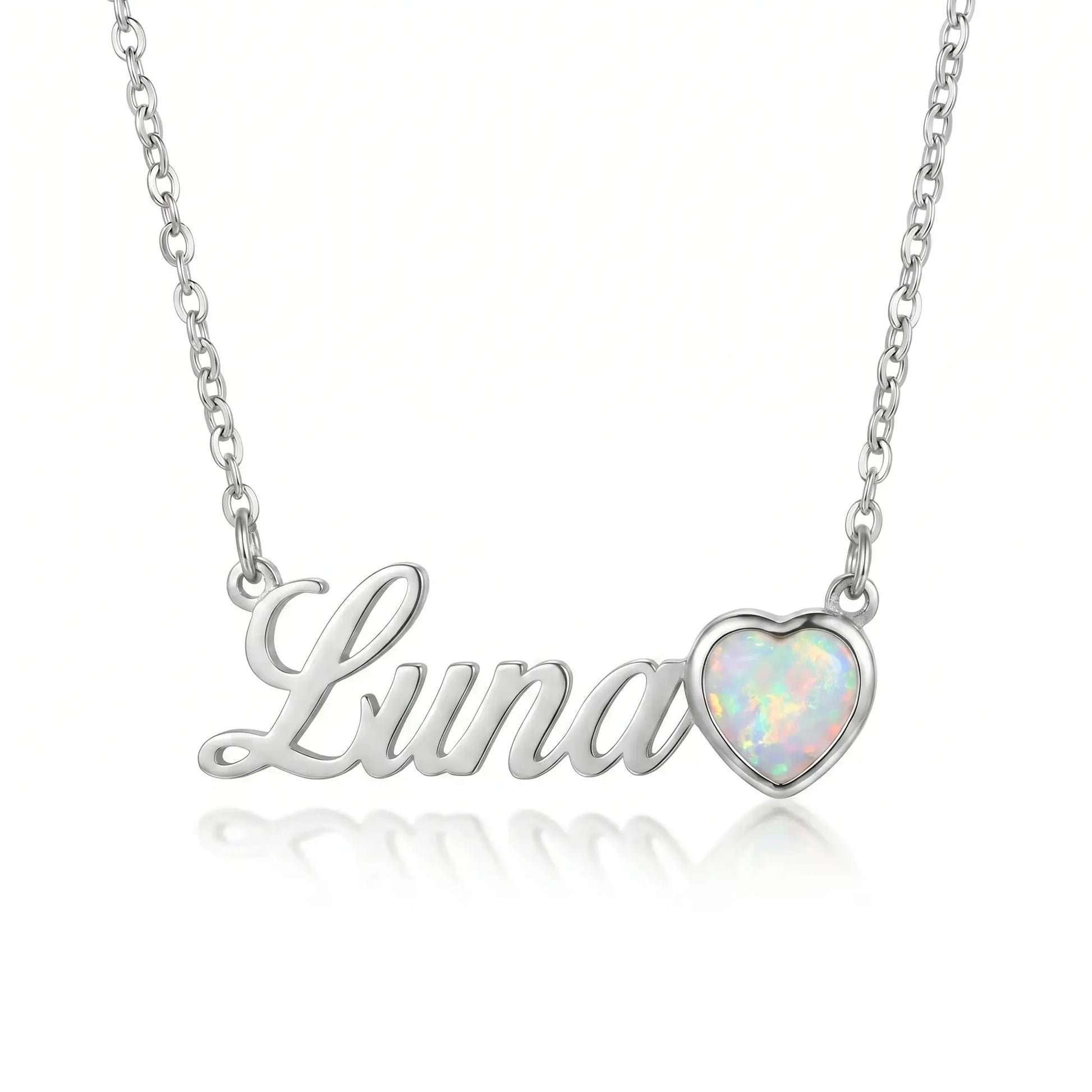 Birth Stone Letter Drop Strand Silver packshot with Luna and October Opal heart birthstone