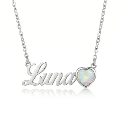 Birth Stone Letter Drop Strand Silver packshot with Luna and October Opal heart birthstone