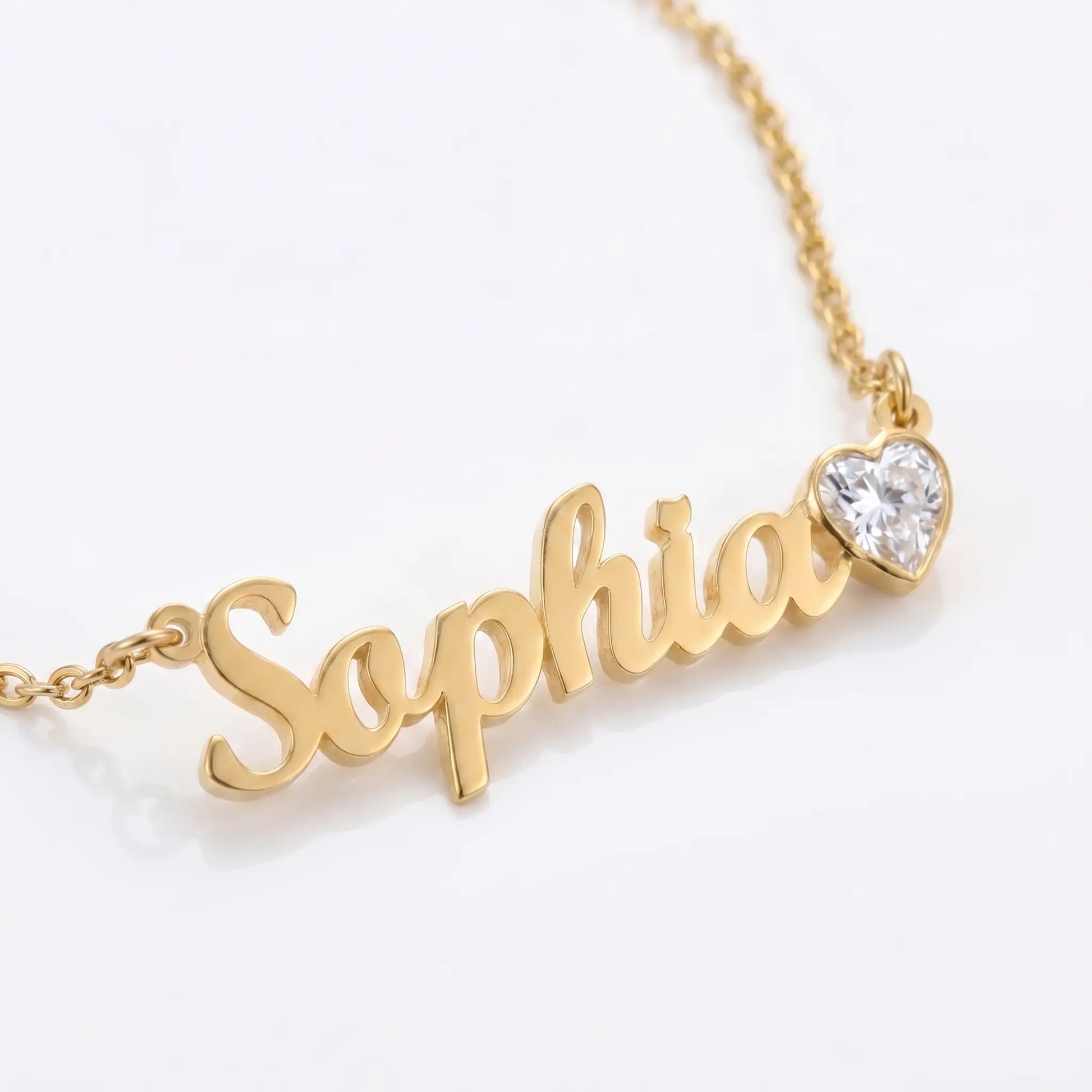 Birth Stone Letter Drop Strand 18K Gold macro detail with Sophia cursive name and April Diamond heart birthstone