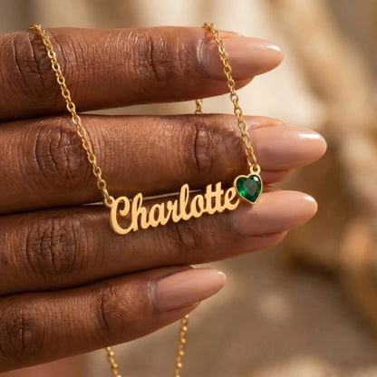 Birth Stone Letter Drop Strand 18K Gold hand-to-jewelry intimate with Charlotte cursive name and May Emerald heart birthstone