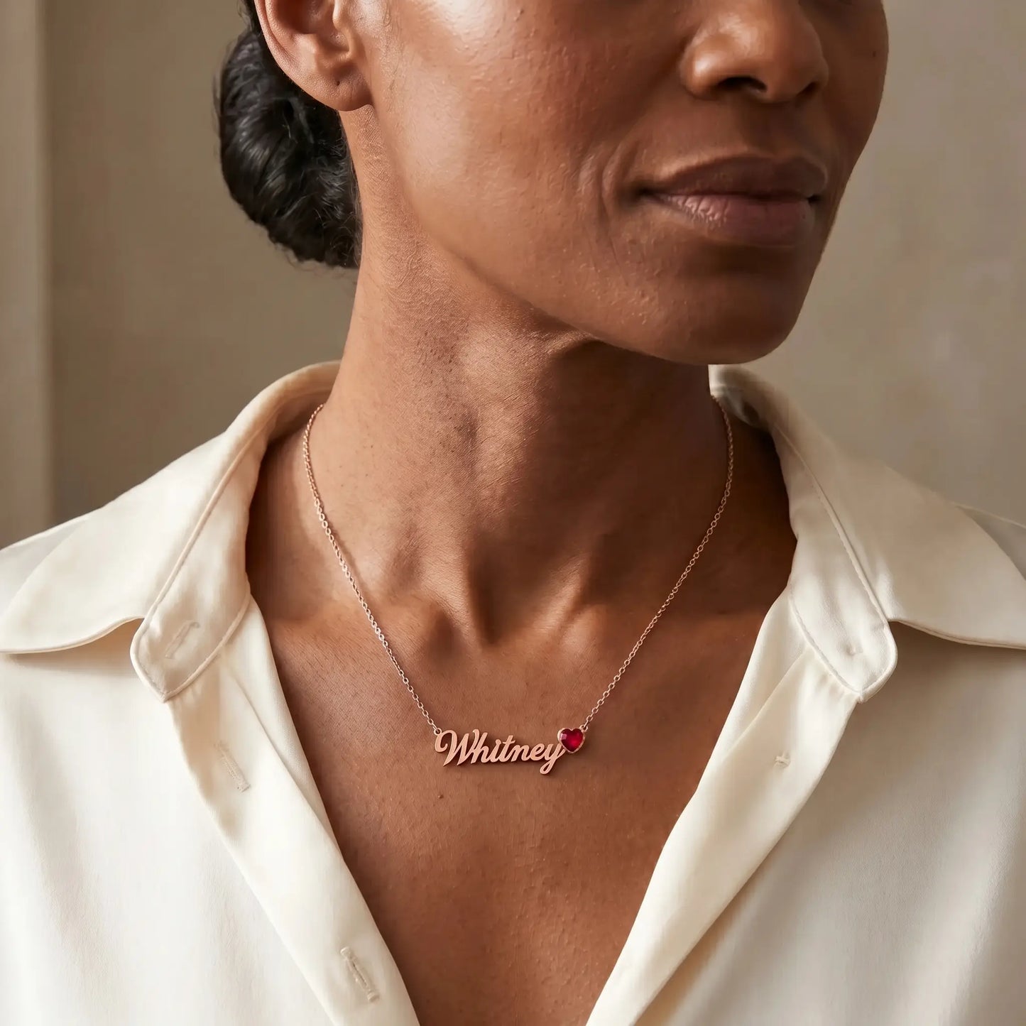 Birth Stone Letter Drop Strand Rose Gold mature 3/4 portrait with Whitney and July Ruby heart birthstone