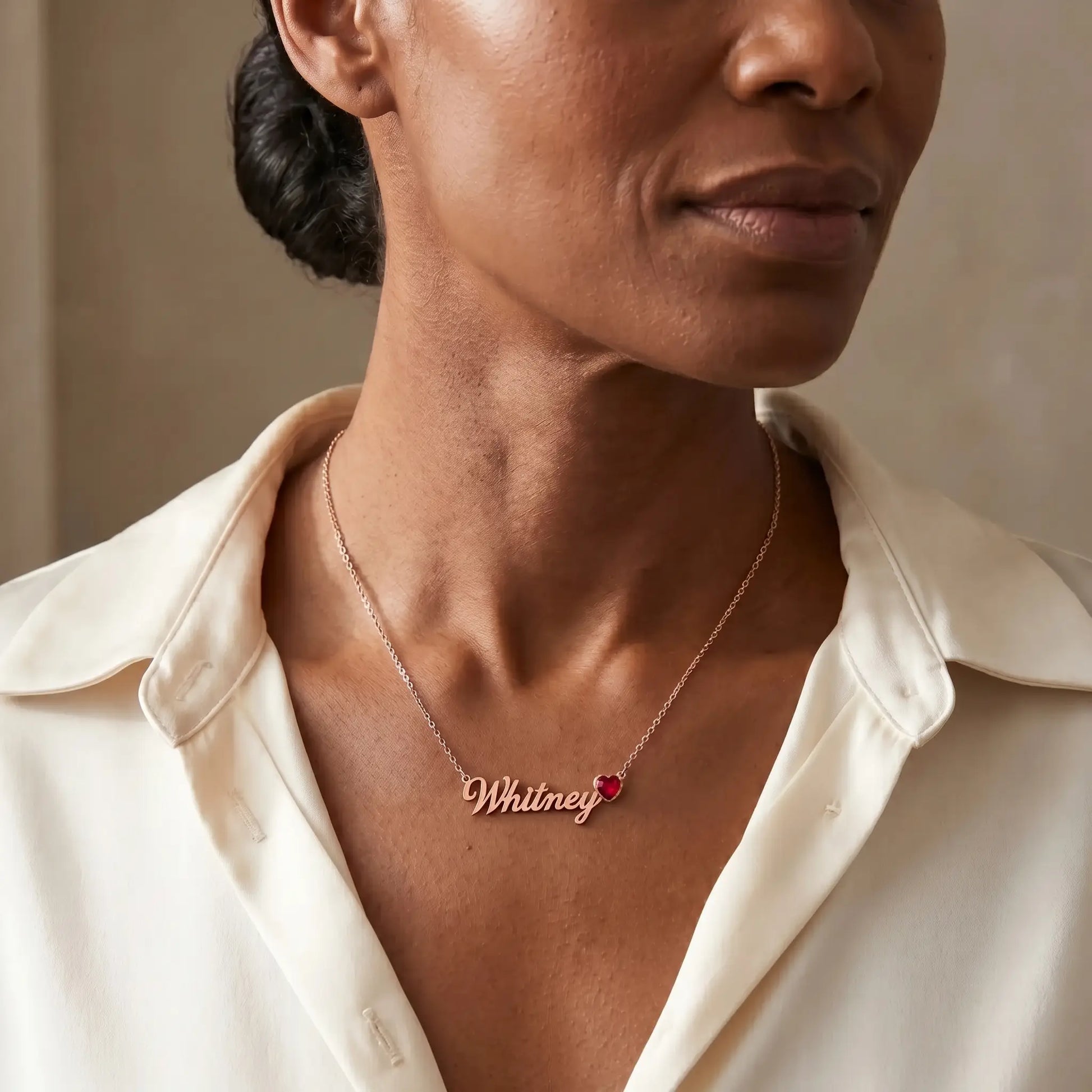 Birth Stone Letter Drop Strand Rose Gold mature 3/4 portrait with Whitney and July Ruby heart birthstone