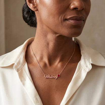 Birth Stone Letter Drop Strand Rose Gold mature 3/4 portrait with Whitney and July Ruby heart birthstone