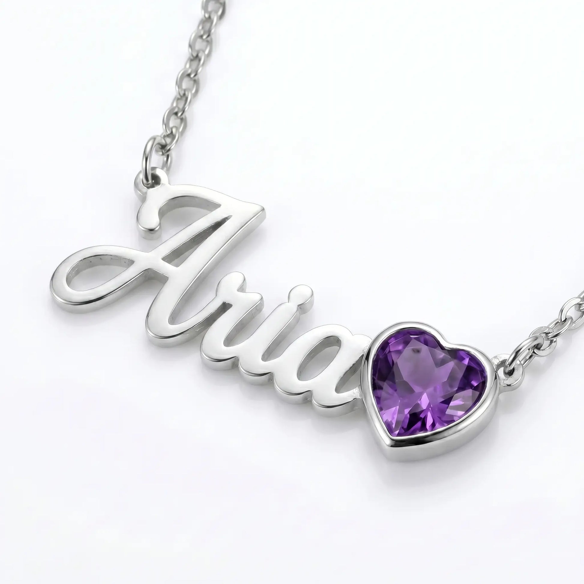 Birth Stone Letter Drop Strand Silver macro detail with Aria and February Amethyst heart birthstone