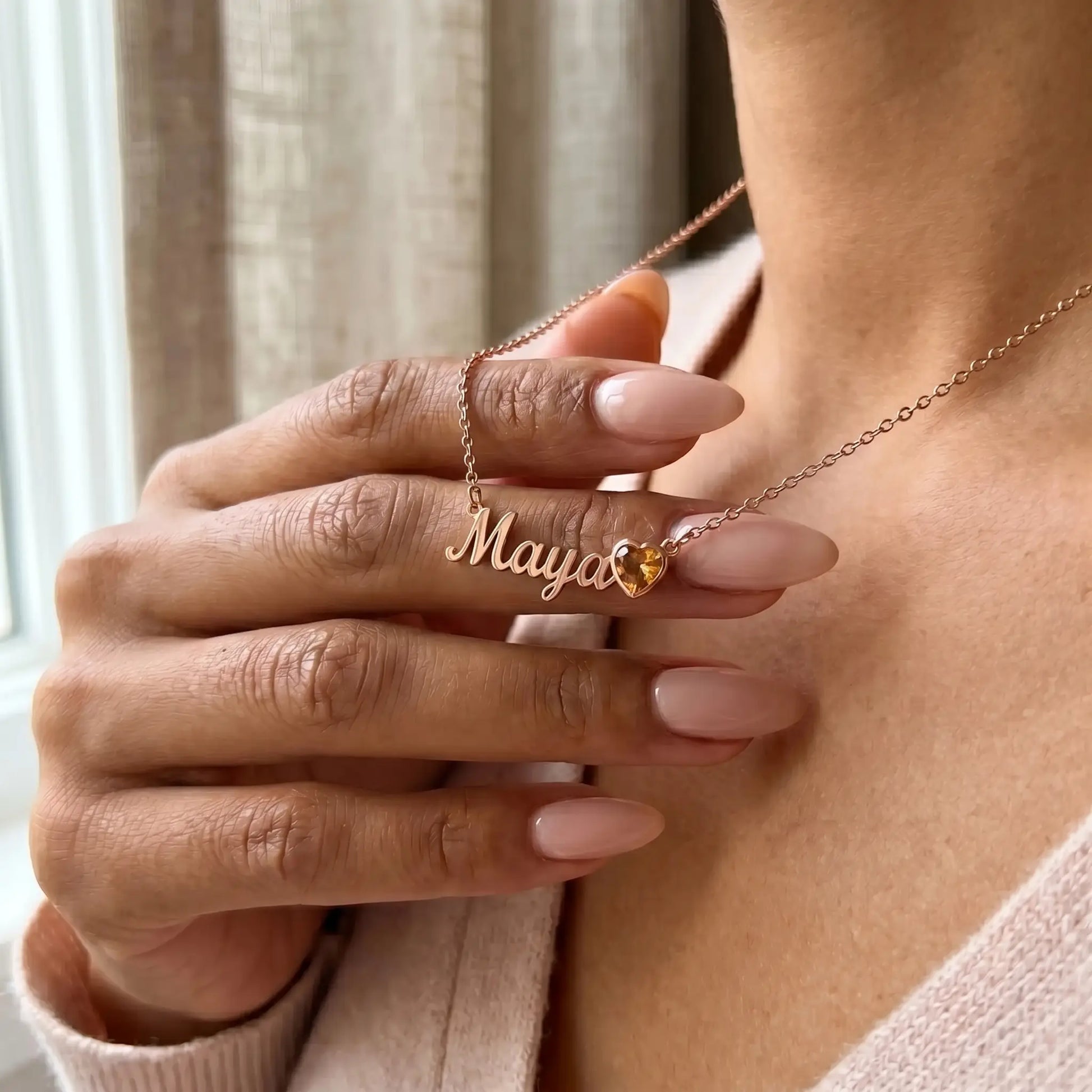 Birth Stone Letter Drop Strand Rose Gold hand-to-jewelry intimate with Maya and November Topaz heart birthstone